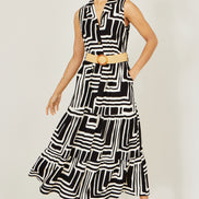 Yumi Black Viscose Geo Print Midi Shirt Dress With Matching Belt