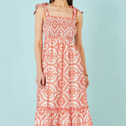 Yumi Red Viscose Ruched Tie Strap Midi Sun Dress