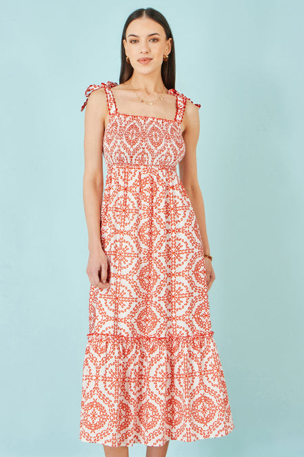 Yumi Red Viscose Ruched Tie Strap Midi Sun Dress