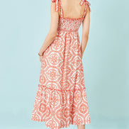 Yumi Red Viscose Ruched Tie Strap Midi Sun Dress