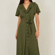 Yumi Green Ruffle Collar Midi Shirt Dress