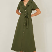 Yumi Green Ruffle Collar Midi Shirt Dress