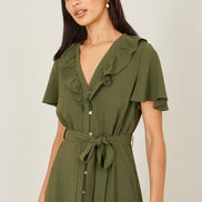 Yumi Green Ruffle Collar Midi Shirt Dress