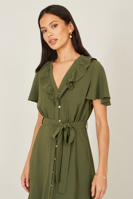 Yumi Green Ruffle Collar Midi Shirt Dress