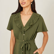 Yumi Green Ruffle Collar Midi Shirt Dress
