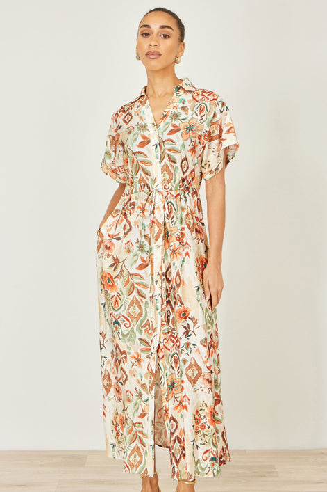 Yumi Ivory Viscose Relaxed Boho Print Maxi Shirt Dress