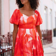 Yumi Red Viscose Floral Midi Dress with Puff Sleeves