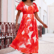 Yumi Red Viscose Floral Midi Dress with Puff Sleeves