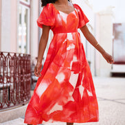 Yumi Red Viscose Floral Midi Dress with Puff Sleeves