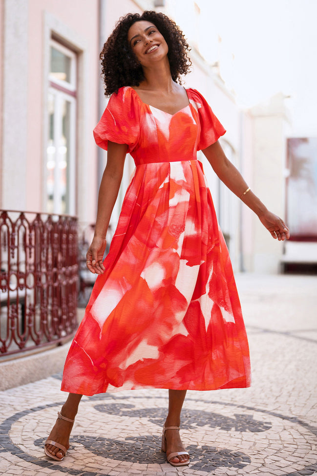 Yumi Red Viscose Floral Midi Dress with Puff Sleeves