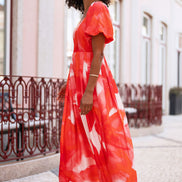 Yumi Red Viscose Floral Midi Dress with Puff Sleeves