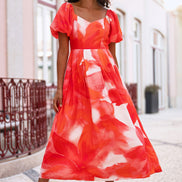Yumi Red Viscose Floral Midi Dress with Puff Sleeves