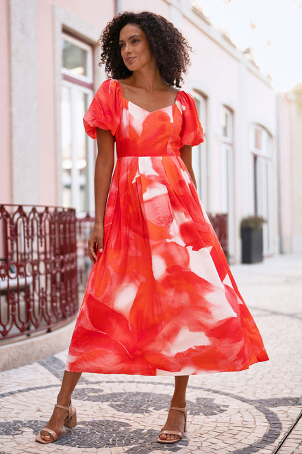 Yumi Red Viscose Floral Midi Dress with Puff Sleeves