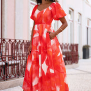 Yumi Red Viscose Floral Midi Dress with Puff Sleeves