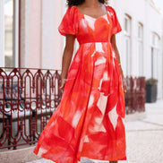Yumi Red Viscose Floral Midi Dress with Puff Sleeves