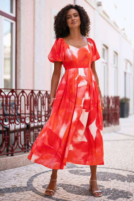 Yumi Red Viscose Floral Midi Dress with Puff Sleeves