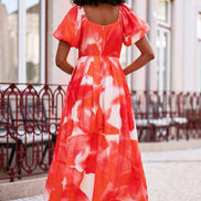 Yumi Red Viscose Floral Midi Dress with Puff Sleeves
