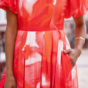 Yumi Red Viscose Floral Midi Dress with Puff Sleeves