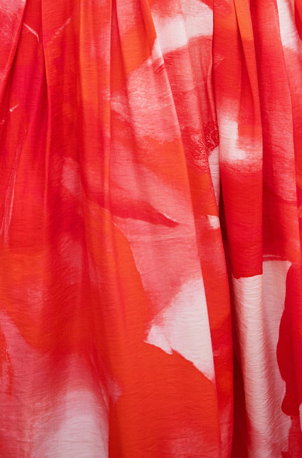 Yumi Red Viscose Floral Midi Dress with Puff Sleeves