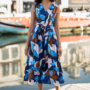 Yumi Blue Cotton Floral Abstract Dropped Waist Midi Dress