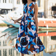 Yumi Blue Cotton Floral Abstract Dropped Waist Midi Dress