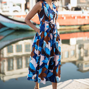 Yumi Blue Cotton Floral Abstract Dropped Waist Midi Dress