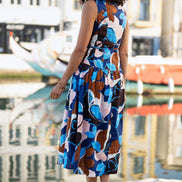 Yumi Blue Cotton Floral Abstract Dropped Waist Midi Dress