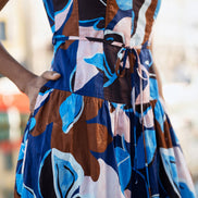 Yumi Blue Cotton Floral Abstract Dropped Waist Midi Dress