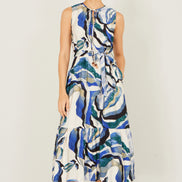 Yumi Blue Viscose Swirl Print Midi Dress