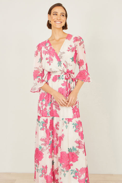 Yumi Pink Blossom Print Maxi Wrap Dress