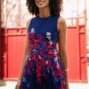 Yumi Navy Border Floral Print Midi Dress with Pleats