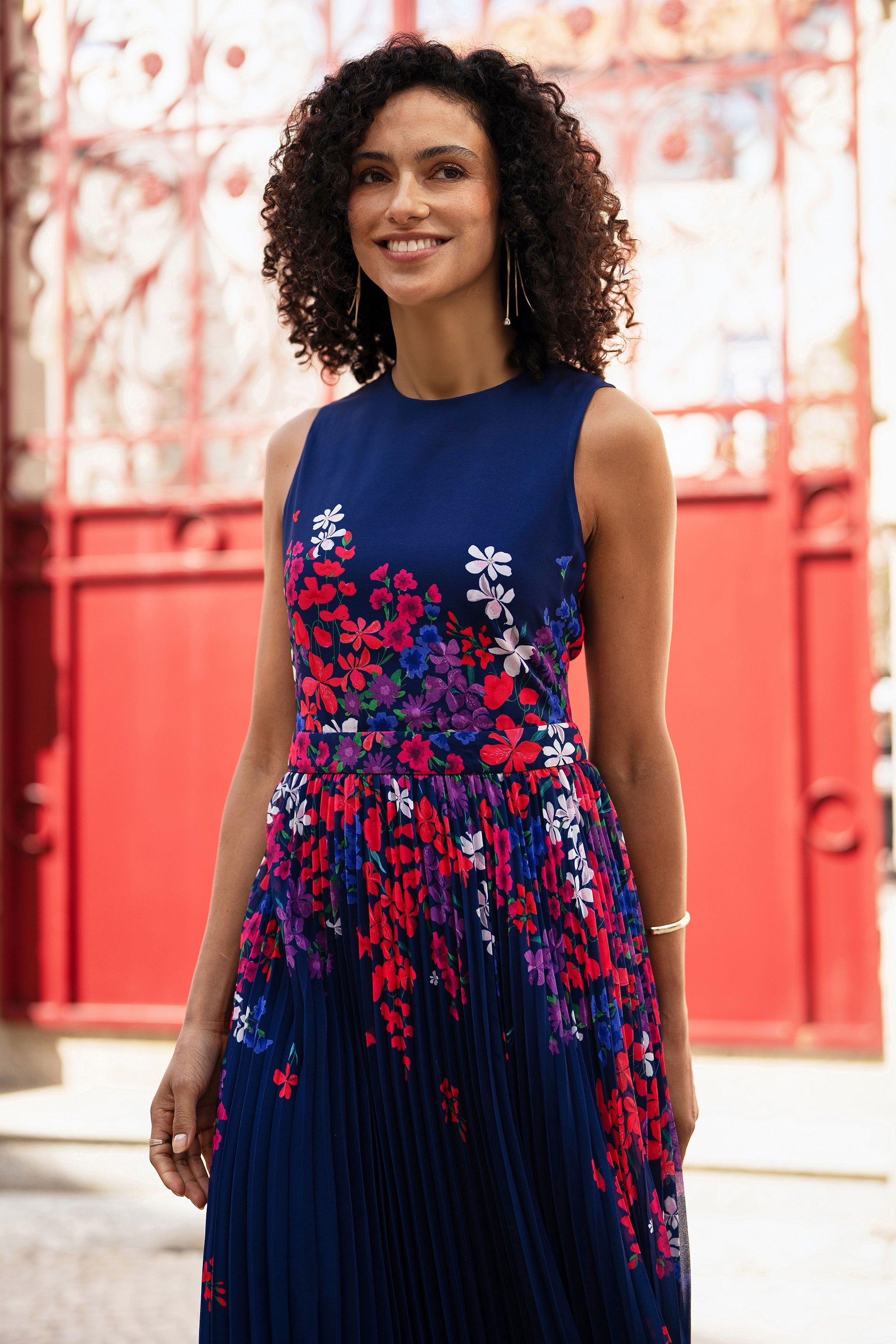 Yumi Navy Border Floral Print Midi Dress with Pleats