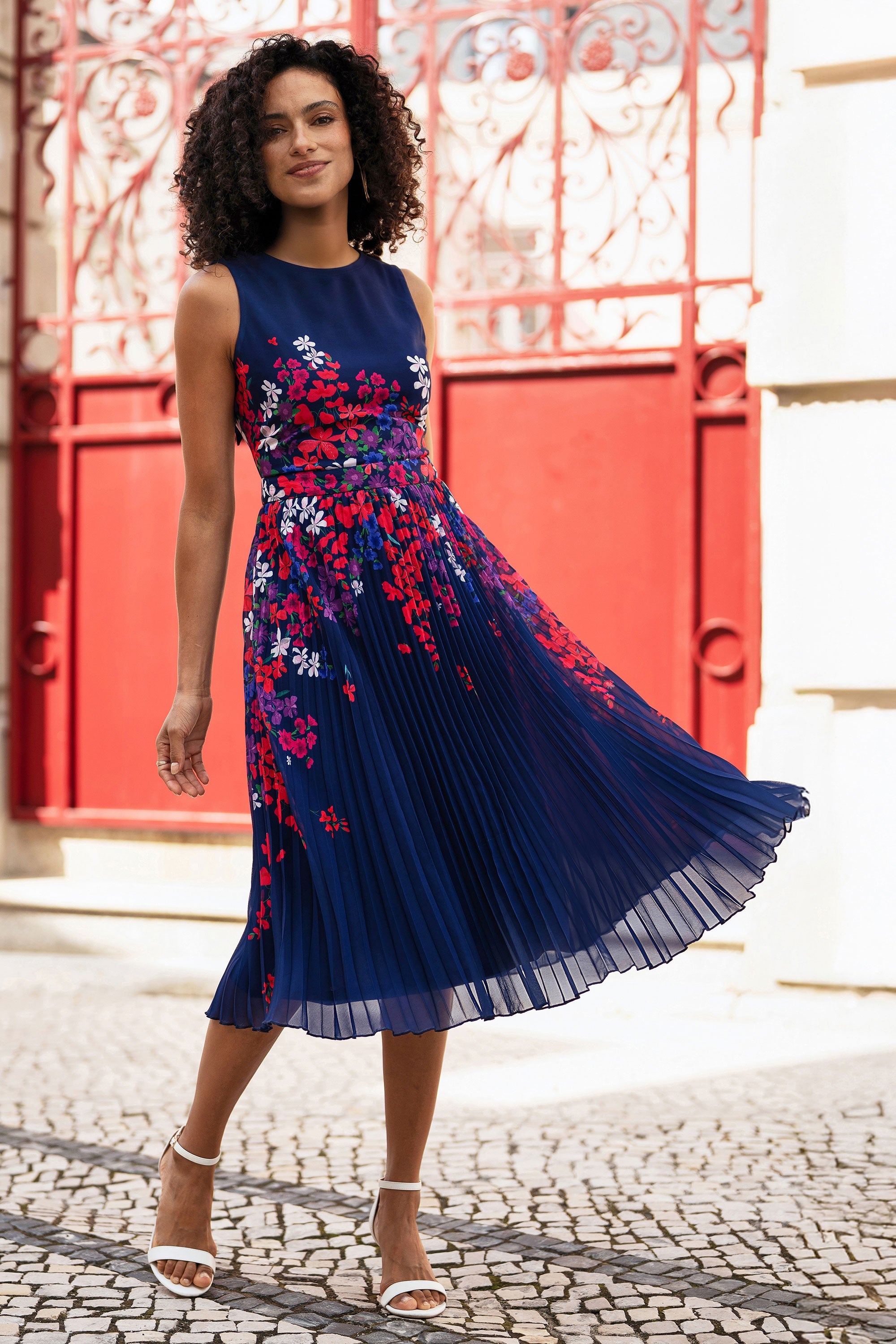 Yumi Navy Border Floral Print Midi Dress with Pleats