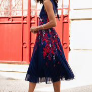 Yumi Navy Border Floral Print Midi Dress with Pleats