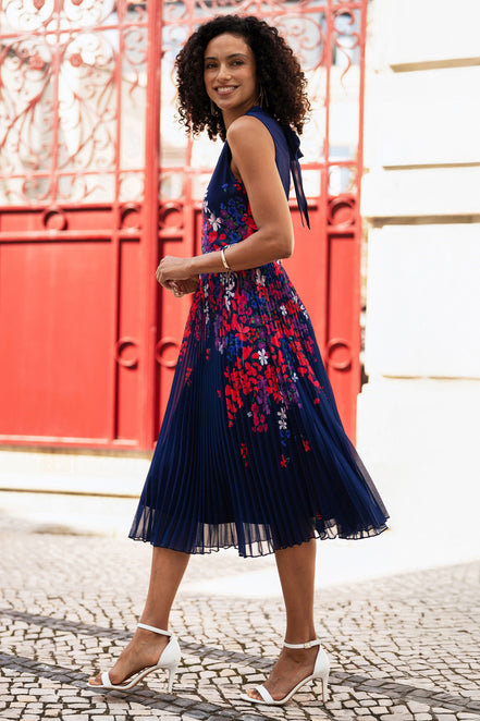 Yumi Navy Border Floral Print Midi Dress with Pleats