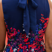 Yumi Navy Border Floral Print Midi Dress with Pleats