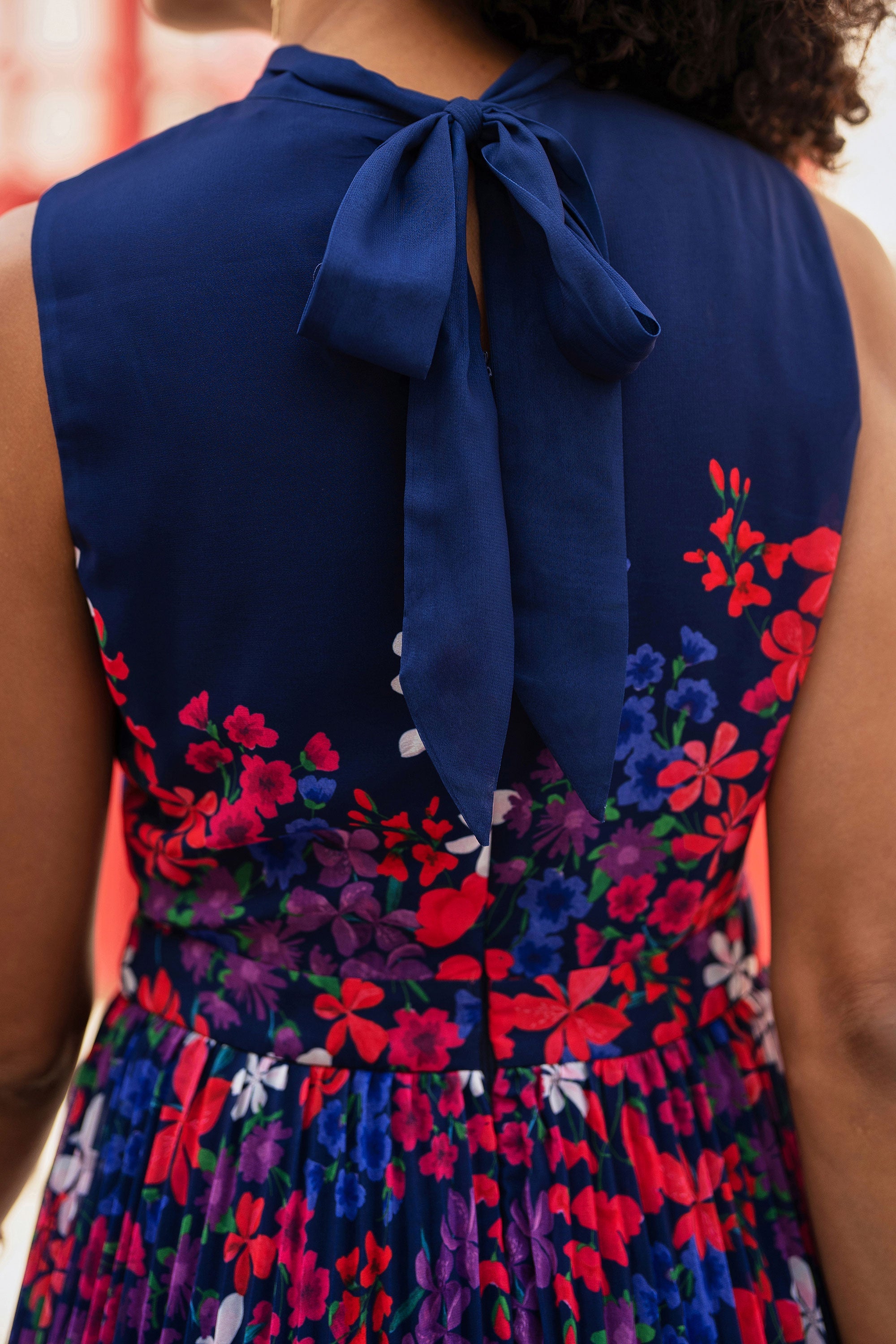 Yumi Navy Border Floral Print Midi Dress with Pleats
