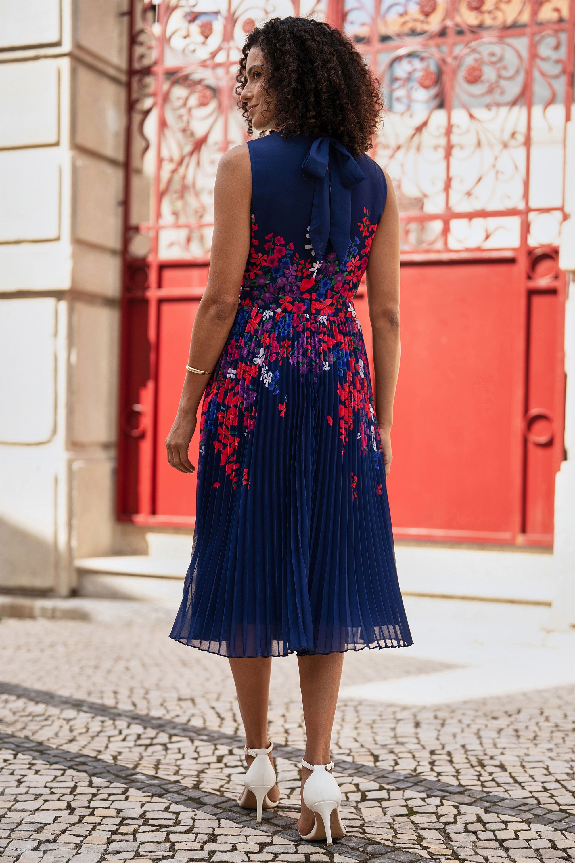 Yumi Navy Border Floral Print Midi Dress with Pleats