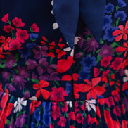 Yumi Navy Border Floral Print Midi Dress with Pleats