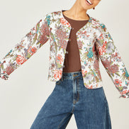 Yumi White Peacock Print Reversible Cotton Quilted Jacket