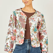 Yumi White Peacock Print Reversible Cotton Quilted Jacket