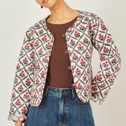 Yumi White Peacock Print Reversible Cotton Quilted Jacket