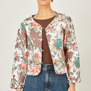 Yumi White Peacock Print Reversible Cotton Quilted Jacket