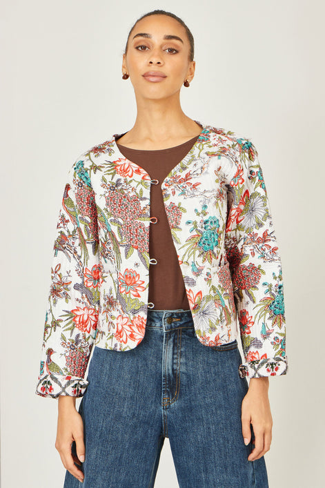 Yumi White Peacock Print Reversible Cotton Quilted Jacket