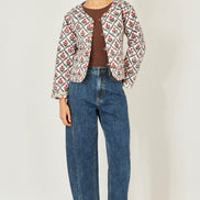 Yumi White Peacock Print Reversible Cotton Quilted Jacket