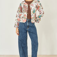 Yumi White Peacock Print Reversible Cotton Quilted Jacket