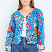 Yumi Blue Boho Print Cotton Reversible Quilted Jacket