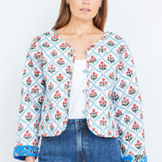 Yumi Blue Boho Print Cotton Reversible Quilted Jacket
