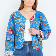 Yumi Blue Boho Print Cotton Reversible Quilted Jacket