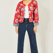 Yumi Red Boho Print Cotton Reversible Quilted Jacket
